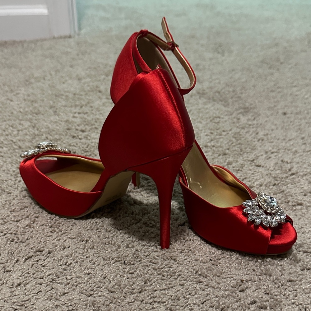 Badgley Mischka Red Satin Heels with Sparkling Embellishments